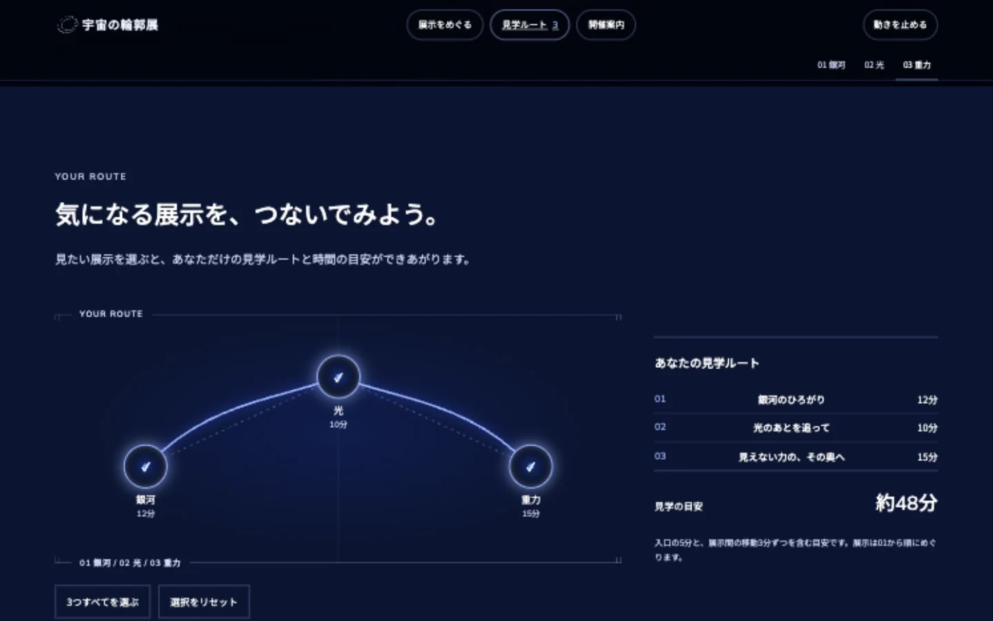 銀河・光・重力をつないだ星図と、3つの展示・約48分と表示された見学ルート。