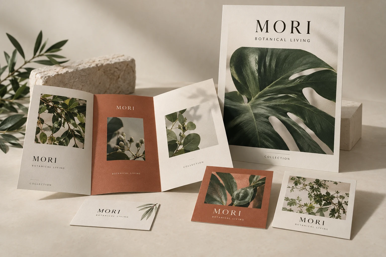 架空の植物ブランドMORIのパンフレット、ポスター、SNS画像を並べたデザインサンプル