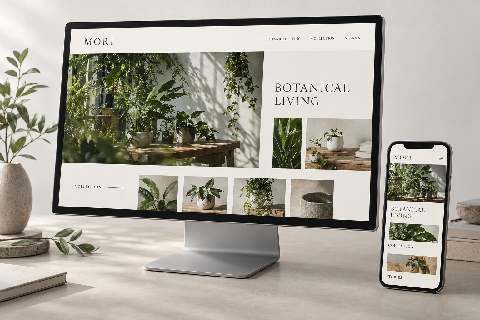 架空の植物店MORIのWebサイトをPCとスマートフォンで表示した制作サンプル