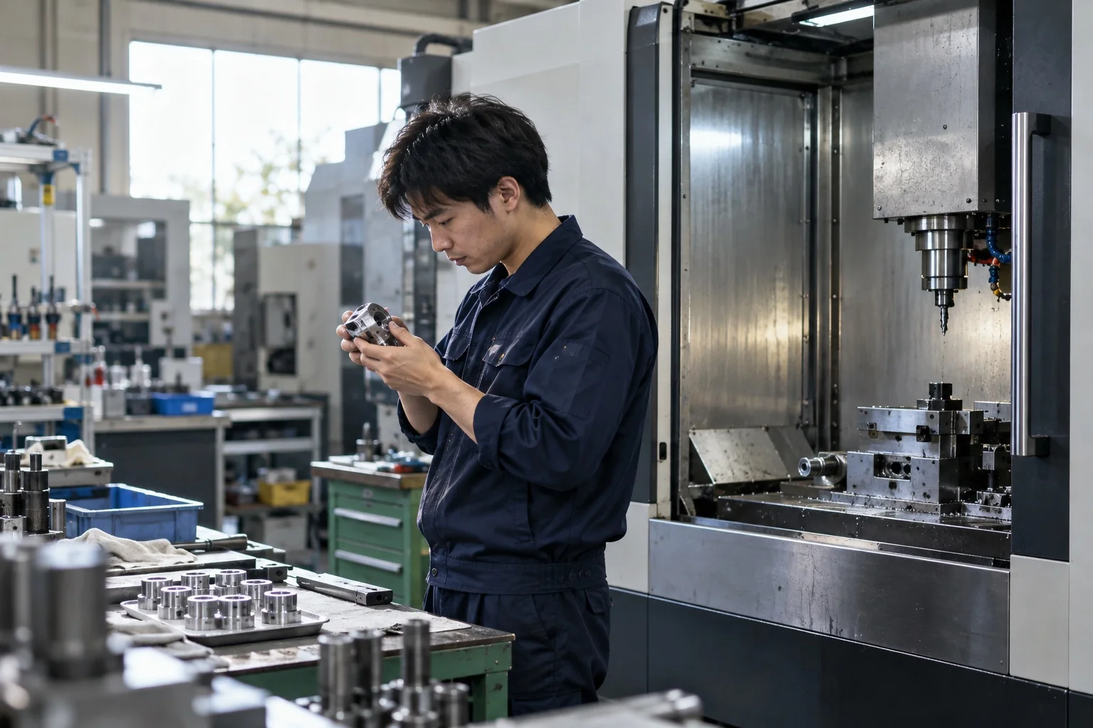 CNC工作機械のそばで加工品を確認する日本の技術者