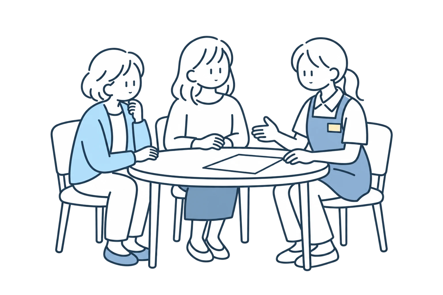 ご本人、家族、ヘルパーがテーブルを囲み暮らしについて話すイラスト