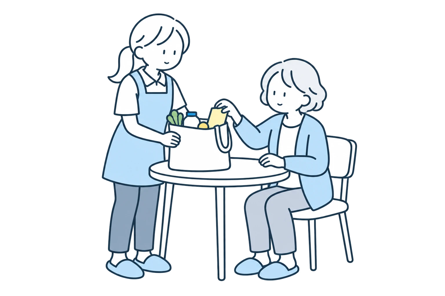 椅子に座るご本人と、買い物を一緒に確認するヘルパーのイラスト