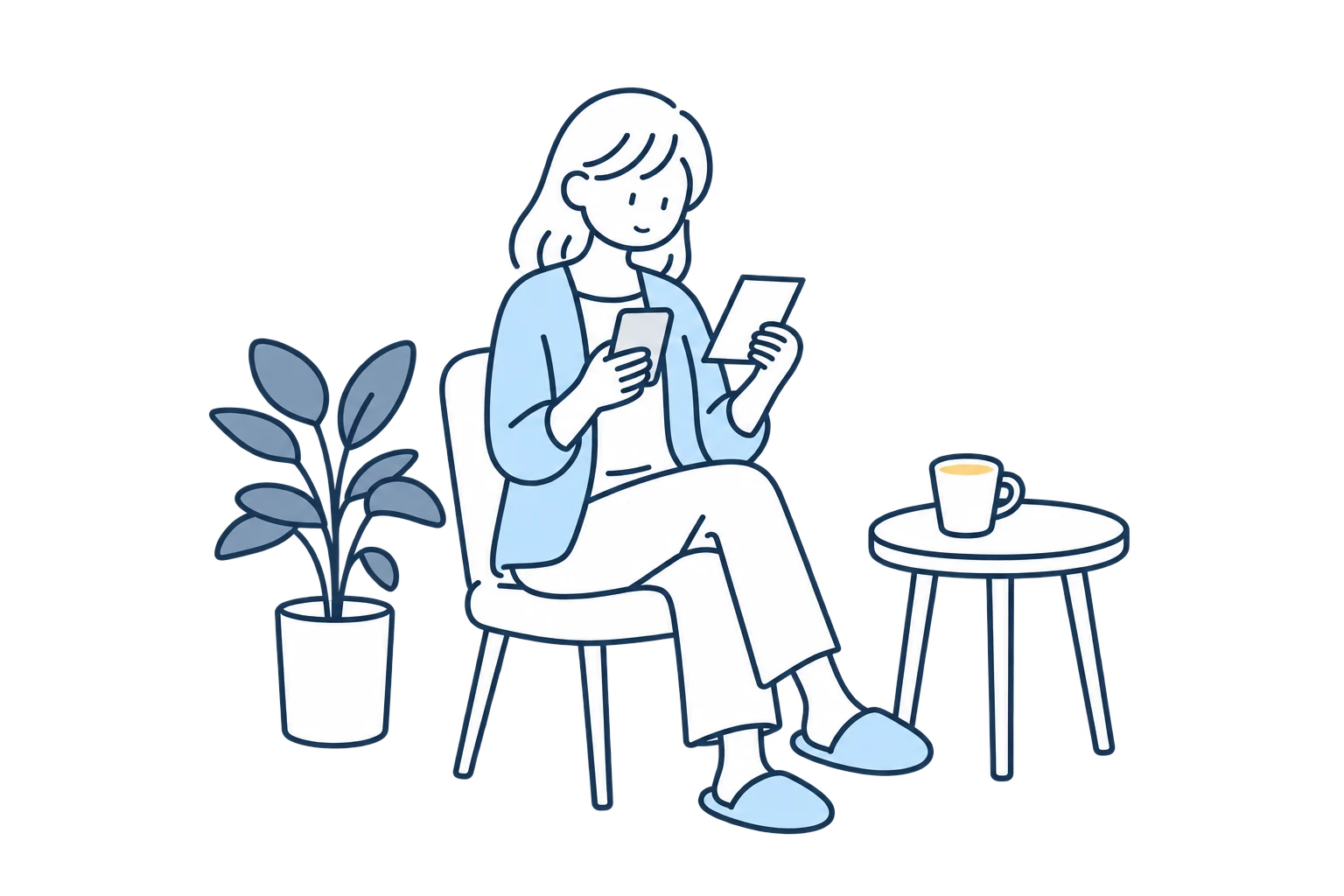 親の暮らしを思い、スマートフォンとメモを手にする家族のイラスト