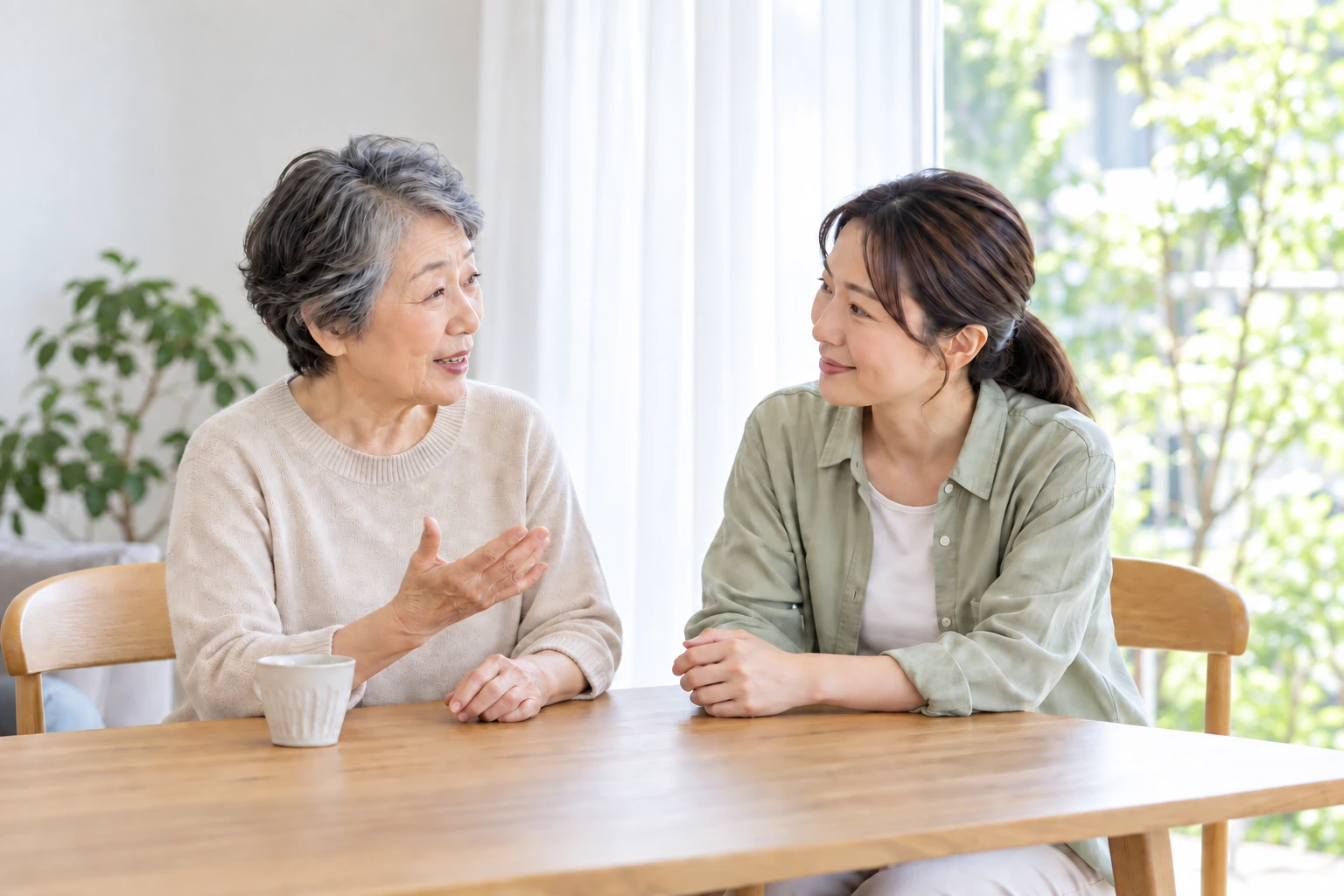 明るい自宅で、同じ目線で会話する女性と訪問介護スタッフのイメージ