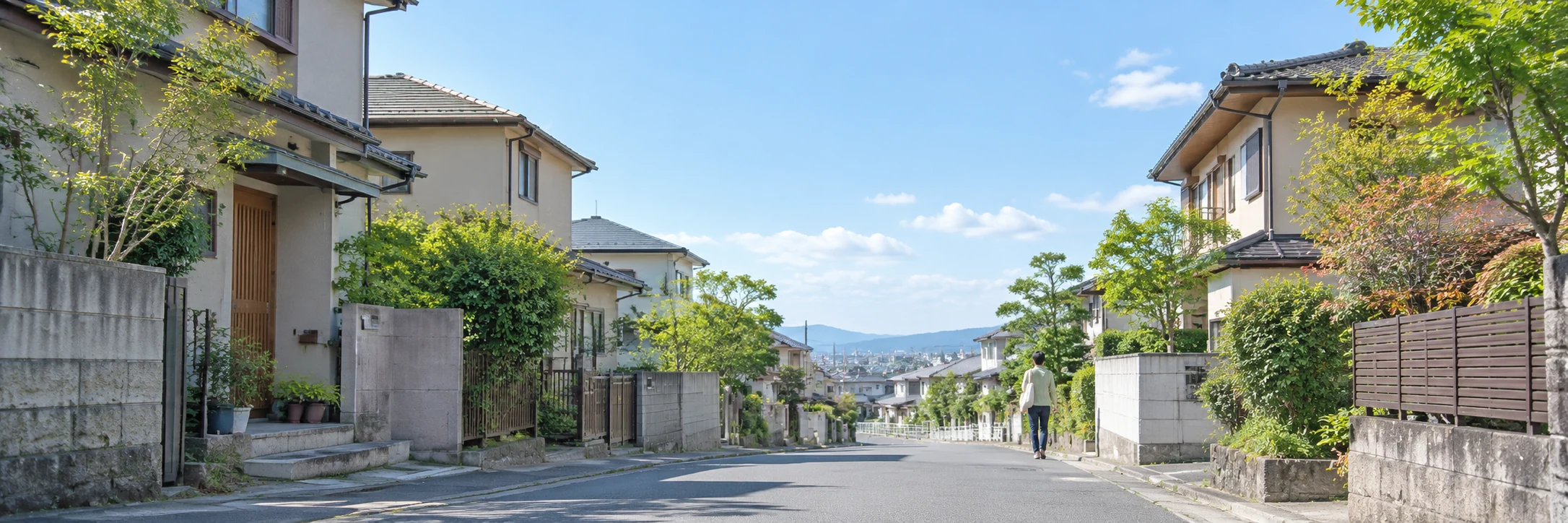 明るい住宅街の道を歩くスタッフの後ろ姿。地域の暮らしのイメージ